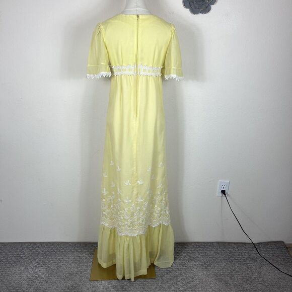 Vintage Peggy Barker Dress Womens Small Yellow Embroidered Lace Babydoll 70s - Picture 5 of 14